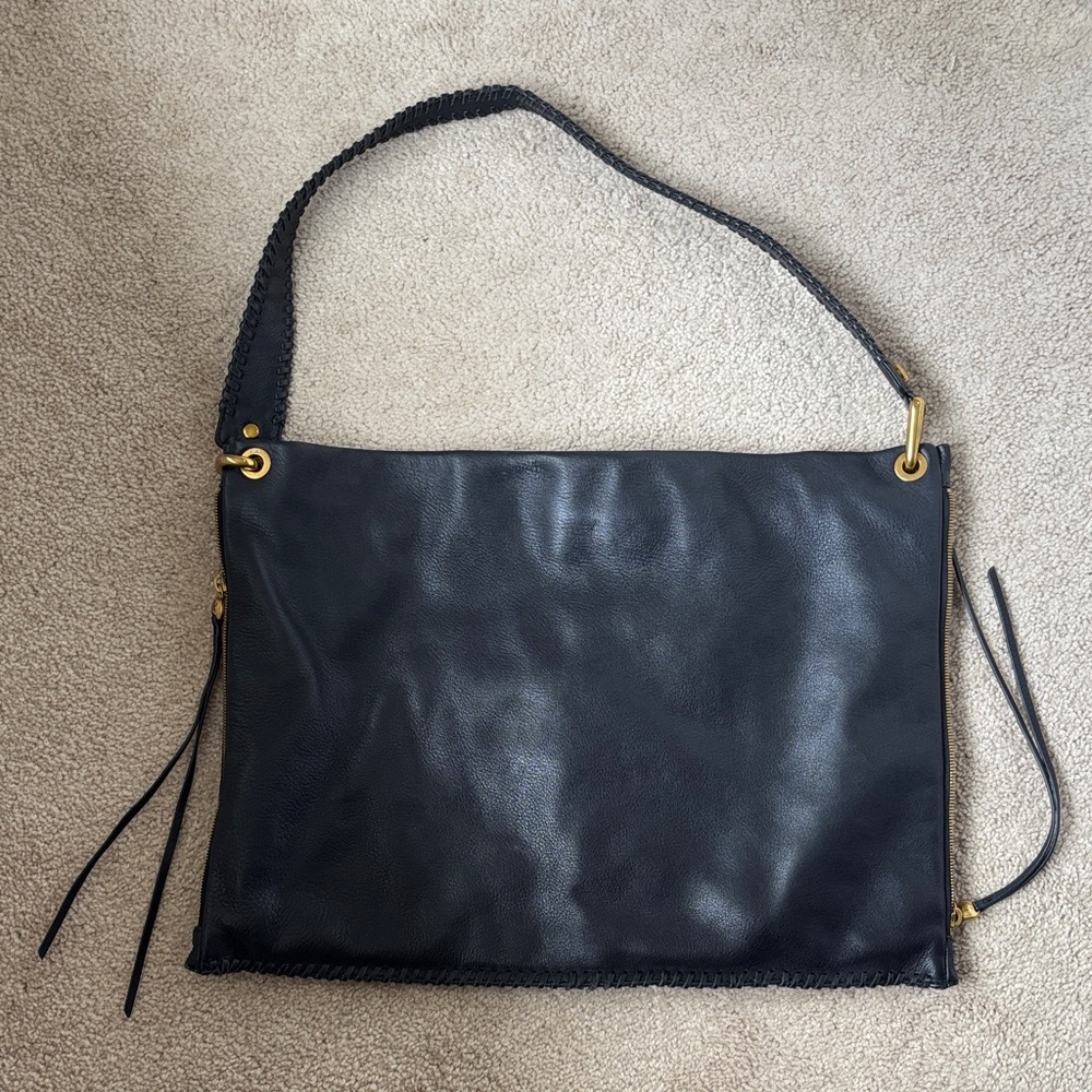 HOBO Black Leather Shoulder Bag with Gold Accents